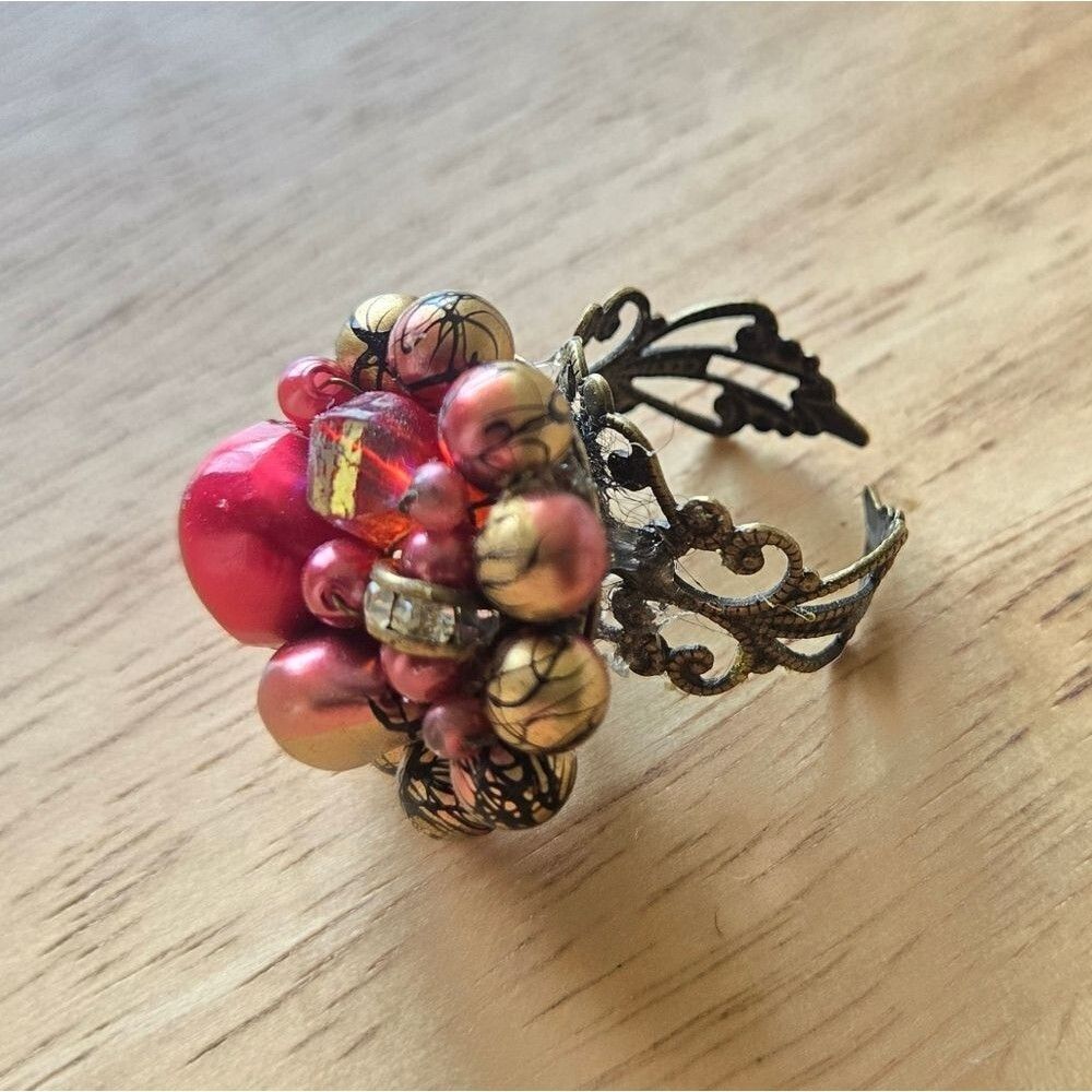 Elegant Red Beaded Ring Bold Statement Adjustable Size Womens Jewelry Gold Tone